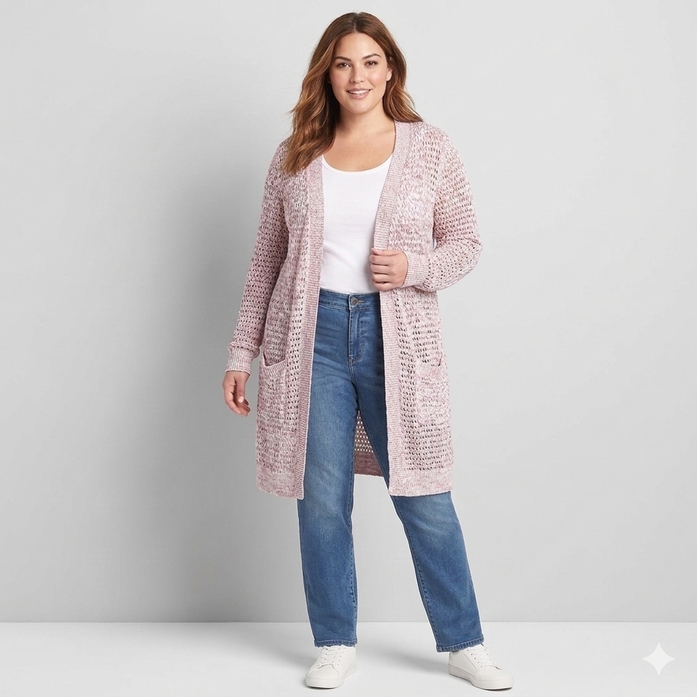 Lane Bryant Pink & White Marled Open Knit Longline Cardigan Sz 18/20